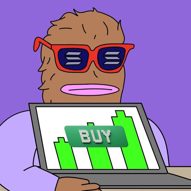 Landwolf at a laptop with a green chart and a buy button