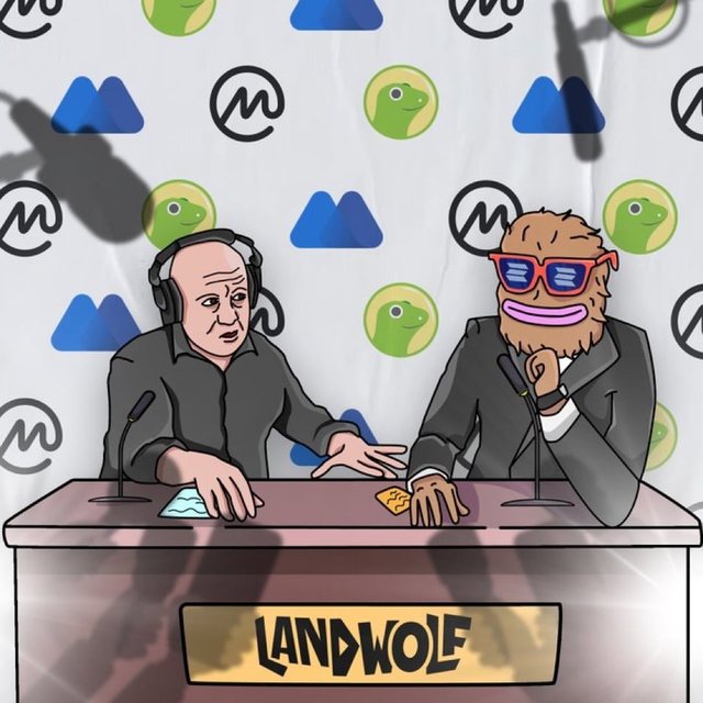 Landwolf being interviewed at a desk labelled Landwolf