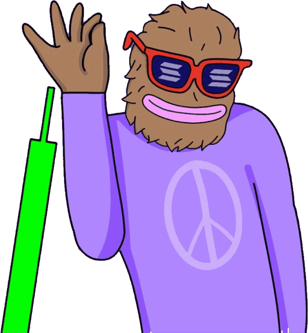 Landwolf in his peace-sign shirt, waving, holding a green candle